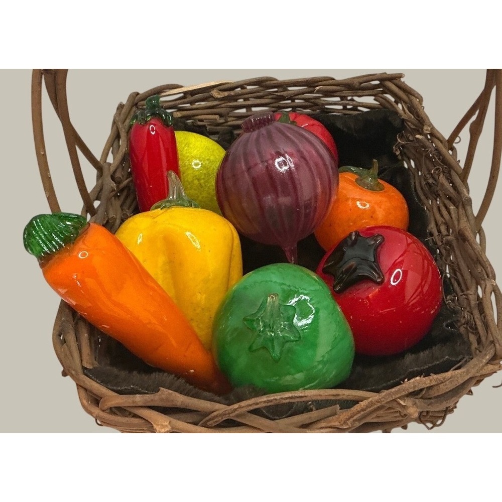 Vintage Hand Blown Glass Vegetable Fruit Basket Set 11 Pieces Wicker Basket